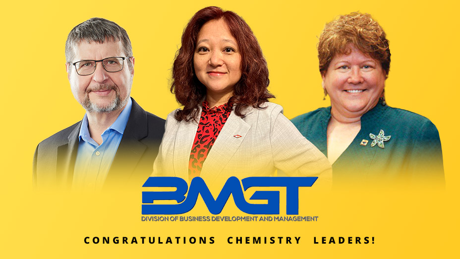 A man and two women on a yellow field with the words BMGT: Congratulations Chemistry Leaders! overlaid