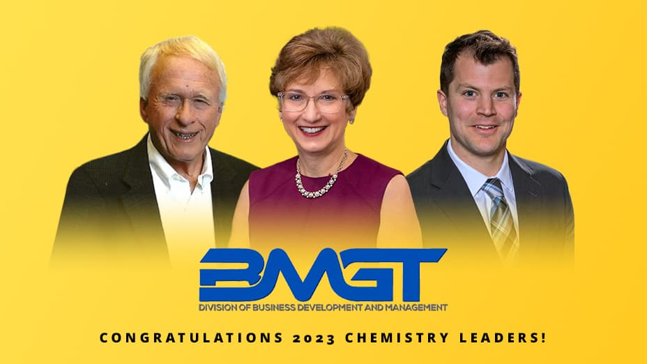 A woman and two men on a yellow field with the words BMGT: Congratulations 2023 Chemistry Leaders!