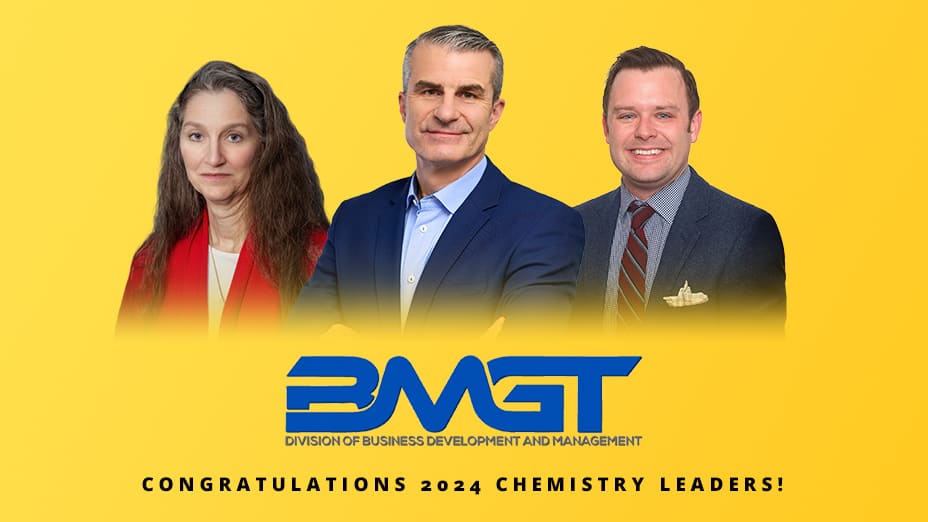 A woman and two men on a yellow field with the words BMGT: Congratulations 2024 Chemistry Leaders!