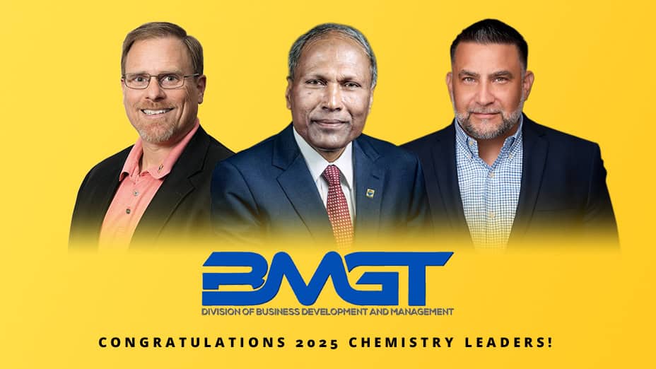 A woman and two men on a yellow field with the words BMGT: Congratulations 2025 Chemistry Leaders!