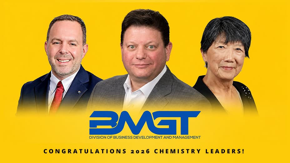 A woman and two men on a yellow field with the words BMGT: Congratulations 2025 Chemistry Leaders!