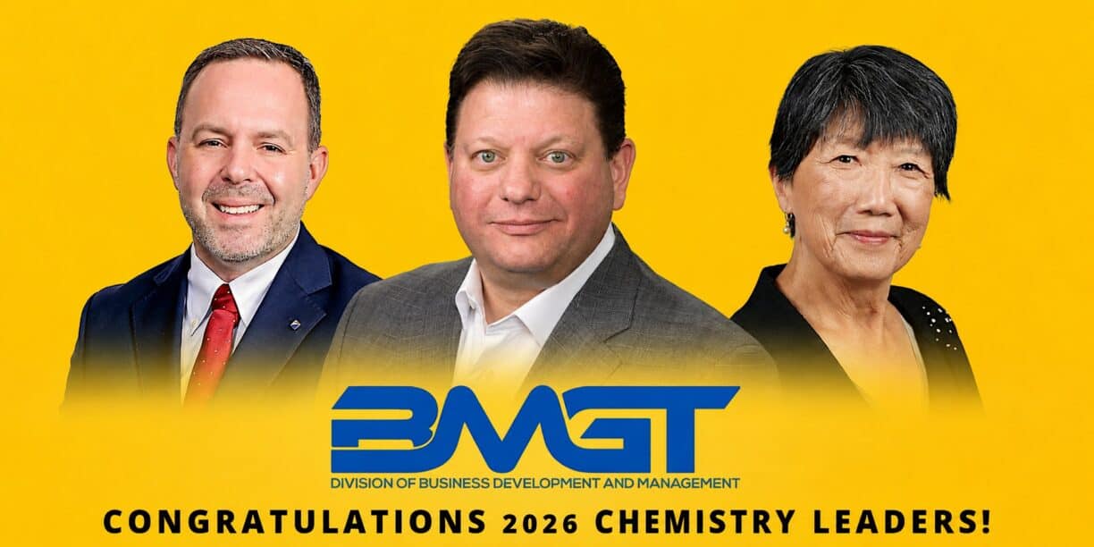 A woman and two men on a yellow field with the words BMGT: Congratulations 2026 Chemistry Leaders!
